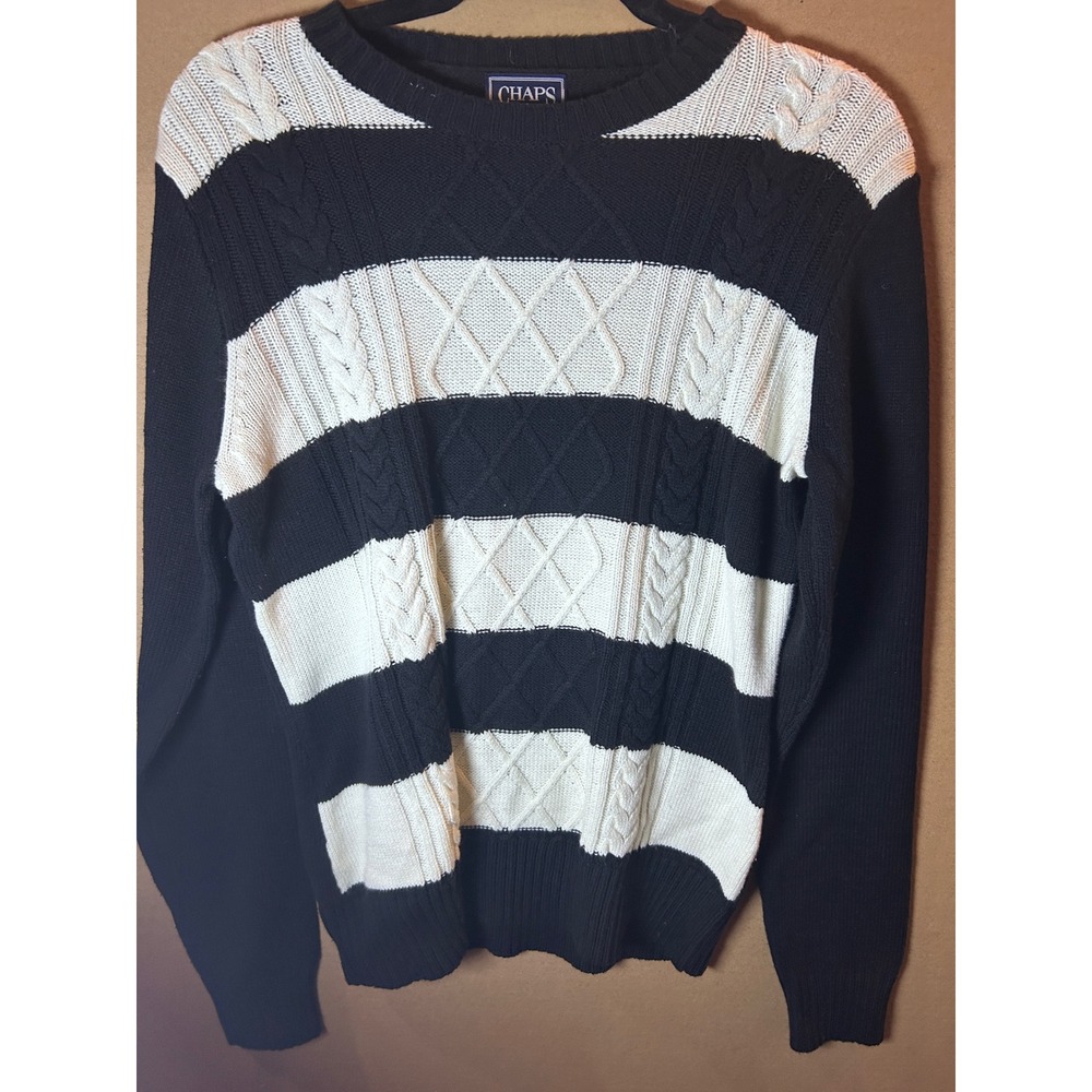 Chaps Classics Sweater Mens Medium Black White Excellent Striped Cable Knit